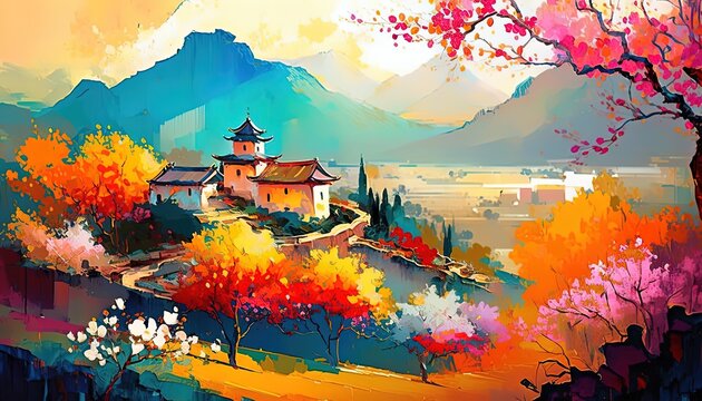 paint like illustration of ancient Chinese village with nature background, Generative Ai