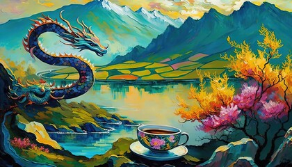 paint like illustration of Ancient Chinese rural countryside with dragon and nature background, Generative Ai