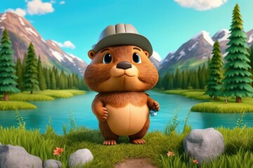 a cute adorable engineer beaver character  stands in nature in the style of children-friendly cartoon animation fantasy generative ai 3D style Illustration 	 - obrazy, fototapety, plakaty