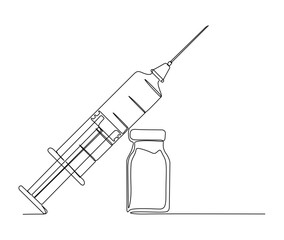 Continuous one line drawing of medical syringe and vial. Simple illustration of Vaccine and Injection Syringe line art vector illustration.