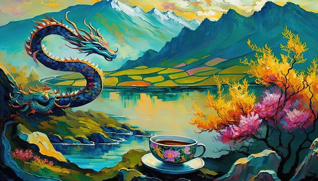 paint like illustration of Ancient Chinese rural countryside with dragon and nature background, Generative Ai