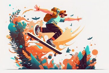 A man riding a skateboard through a forest filled with birds and butterflies on a white background colorful flat surreal design art process art