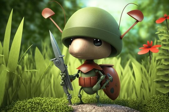 a cute adorable soldier ant character  stands in nature in the style of children-friendly cartoon animation fantasy generative ai 3D style Illustration 	