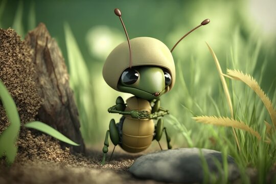 a cute adorable soldier ant character  stands in nature in the style of children-friendly cartoon animation fantasy generative ai 3D style Illustration 	