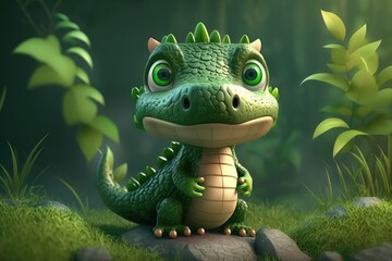 a cute adorable crocodile character  stands in nature in the style of children-friendly cartoon animation fantasy generative ai 3D style Illustration 	