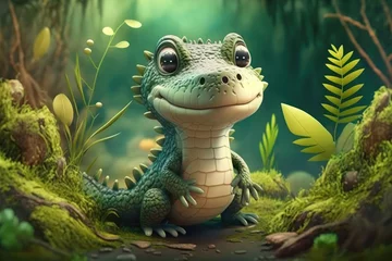 Fototapeten a cute adorable crocodile character  stands in nature in the style of children-friendly cartoon animation fantasy generative ai 3D style Illustration   © Ecleposs