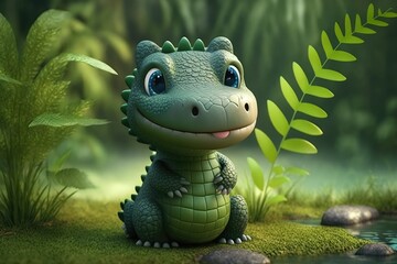 a cute adorable crocodile character  stands in nature in the style of children-friendly cartoon animation fantasy generative ai 3D style Illustration 	
