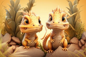 a cute adorable lizards group stands in nature in the style of children-friendly cartoon animation fantasy generative ai 3D style Illustration 	