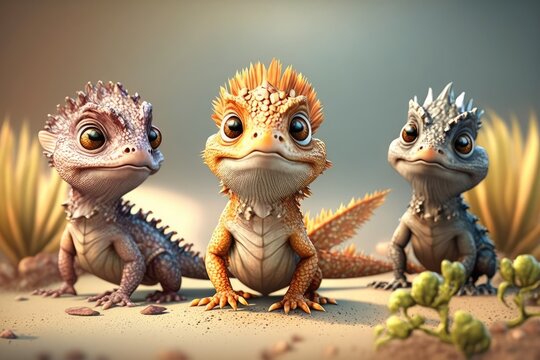 a cute adorable lizards group stands in nature in the style of children-friendly cartoon animation fantasy generative ai 3D style Illustration 	