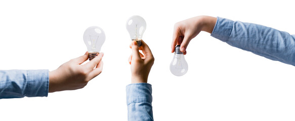Business man hand holding light bulb. incandescent light bulb in male hands on isolated. Business...