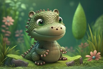 a cute adorable crocodile character  stands in nature in the style of children-friendly cartoon animation fantasy generative ai 3D style Illustration 	