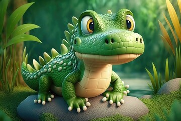 a cute adorable crocodile character  stands in nature in the style of children-friendly cartoon animation fantasy generative ai 3D style Illustration 	 - obrazy, fototapety, plakaty