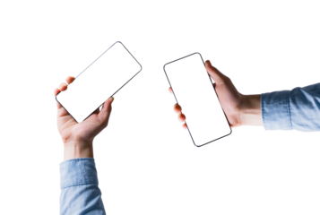 Business man hand holding smartphone. Mobile phone in male hands on isolated. Mockup Screen, Business and Technology concept. png transparent.