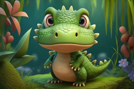 a cute adorable crocodile character stands in nature in the style of children-friendly cartoon animation fantasy generative ai 3D style Illustration © Ecleposs