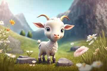 a cute adorable lamb character  stands in nature in the style of children-friendly cartoon animation fantasy generative ai 3D style Illustration 	