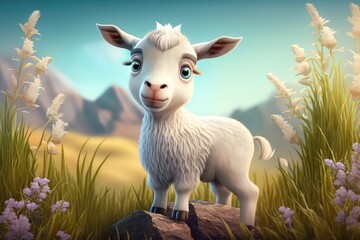 a cute adorable lamb character  stands in nature in the style of children-friendly cartoon animation fantasy generative ai 3D style Illustration 	