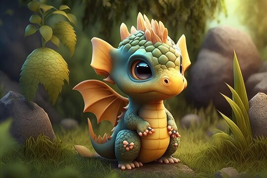 a cute adorable dragon character  stands in nature in the style of children-friendly cartoon animation fantasy generative ai 3D style Illustration 	