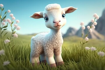 Obraz premium a cute adorable lamb character stands in nature in the style of children-friendly cartoon animation fantasy generative ai 3D style Illustration 