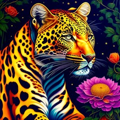 Leopard in the jungle, beautiful flowers around, created with Generative AI technology