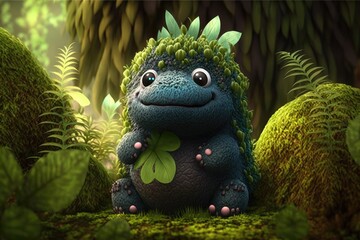 a cute adorable  monster character  stands in nature in the style of children-friendly cartoon animation fantasy generative ai 3D style Illustration 	