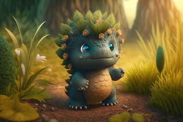 a cute adorable  monster character  stands in nature in the style of children-friendly cartoon animation fantasy generative ai 3D style Illustration 	 - obrazy, fototapety, plakaty