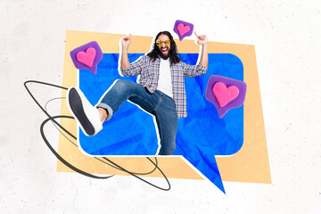 Creative collage picture of excited mini guy inside dialogue bubble receive like notification...