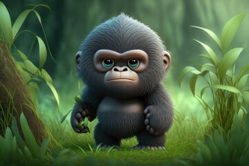 a cute adorable gorilla character  stands in nature in the style of children-friendly cartoon animation fantasy generative ai 3D style Illustration 	
