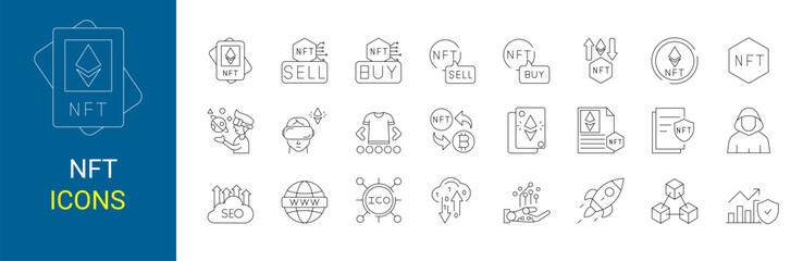 Set NFT icons, Bitcoin, Crypto Coin. Blockchain package. Cryptocurrency in web line style collection