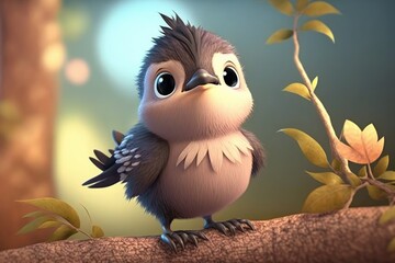a cute adorable sparrow character  stands in nature in the style of children-friendly cartoon animation fantasy generative ai 3D style Illustration 	
