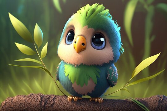 a cute adorable bird sparrow character  stands in nature in the style of children-friendly cartoon animation fantasy generative ai 3D style Illustration 	