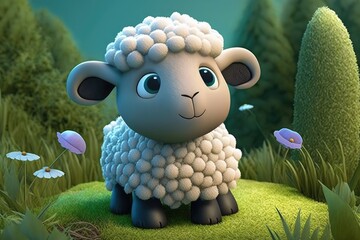 a cute adorable sheep character  stands in nature in the style of children-friendly cartoon animation fantasy generative ai 3D style Illustration 	