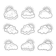 set of Sun and clouds line art drawing style, weather icons, Clouds in the sky,sun and Cloud kids drawing for nursery, Sun behind the clouds, Black and white hand drawn Vector illustration.