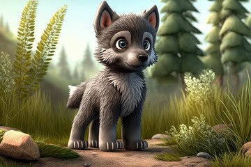 a cute adorable wolf  character  stands in nature in the style of children-friendly cartoon animation fantasy generative ai 3D style Illustration 	