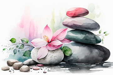 Watercolor black smooth stones and lotus flowers in water. AI generation	
