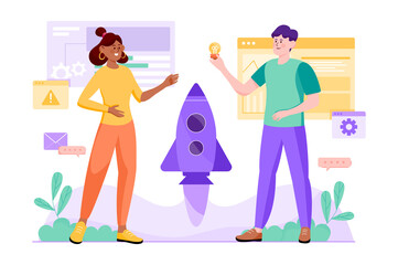 Business startup purple concept with people scene in the flat cartoon style. Two friends create great idea for business startup and develop its.