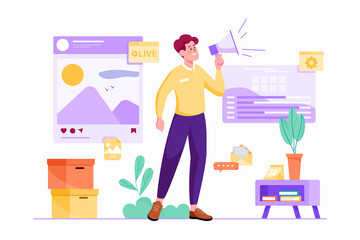 Content manager purple concept with people scene in the flat cartoon design. Man works on the content and addition of the company's websites.