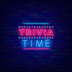 Fototapeta na wymiar Trivia night neon signboard. Retro circles decoration. Quiz show label on brick wall. Vector stock illustration
