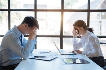 Business team man and women emotional stress, Bankruptcy, Finance.