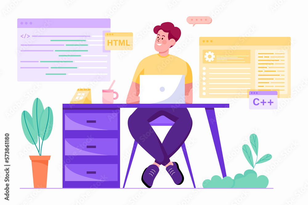 Poster programming software purple concept with people scene in the flat cartoon design. programmer work on