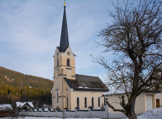 The Evangelical Parish Church at Gnesau in the upper Gurk valley in the Gurktal Alps, Carinthia, Austria. Known as Evangelische Pfarrkirche Gnesau in German
