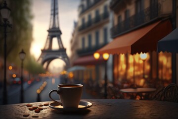 Fototapeta coffee cup in front of an illuminated street with the eiffel tower in the background, generative ai obraz