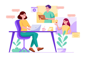 Video conference purple concept with people scene in the flat cartoon style. Supervisor communicates with her employee via video conference.