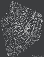 Detailed hand-drawn navigational urban street roads map of the PENTAGON of the Belgian city of BRUSSELS, Belgium with vivid road lines and name tag on solid background