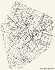 Detailed hand-drawn navigational urban street roads map of the PENTAGON of the Belgian city of BRUSSELS, Belgium with vivid road lines and name tag on solid background