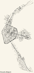 Detailed hand-drawn navigational urban street roads map of the Belgian city of BRUSSELS, BELGIUM with vivid road lines and name tag on solid background