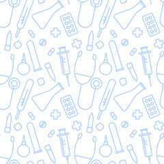 Seamless white pattern with blue medical instruments