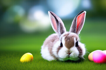 Cute easter bunny with easter eggs on green grass, generative ai