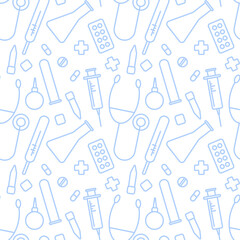 Seamless white pattern with blue medical instruments