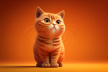 Cute Cartoon Tabby Cat Character on an Orange Background. Created with Generative AI technology