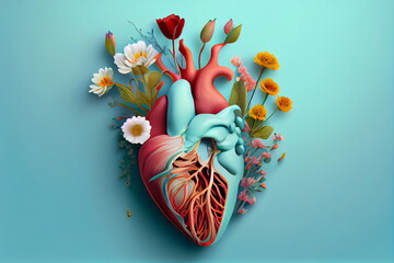 Blooming anatomical human heart. Hand-drawn illustration in vintage style